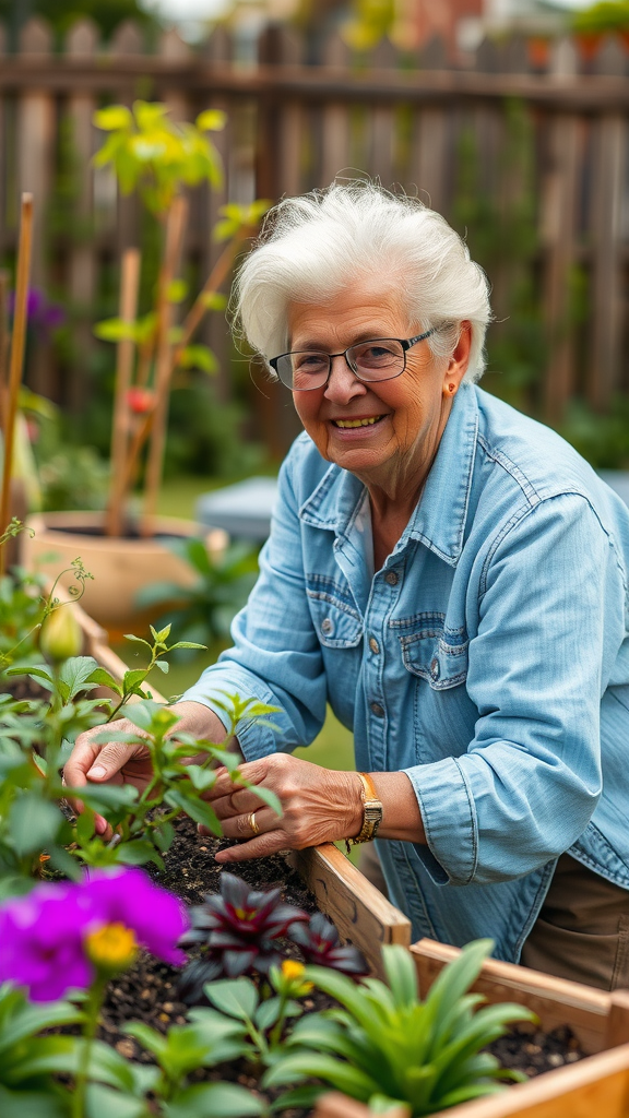 A senior woman happily gardening, showcasing the joy and benefits of gardening.