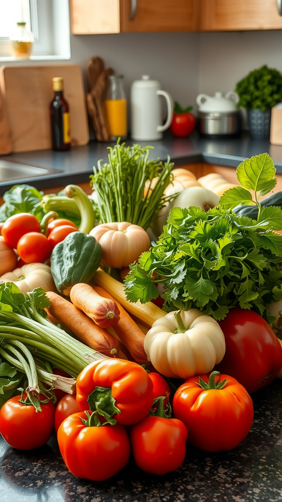 A vibrant display of fresh home-grown vegetables on a kitchen counter.