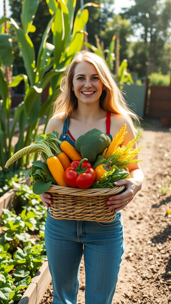 A smiling person holding a basket of freshly harvested vegetables in a garden.