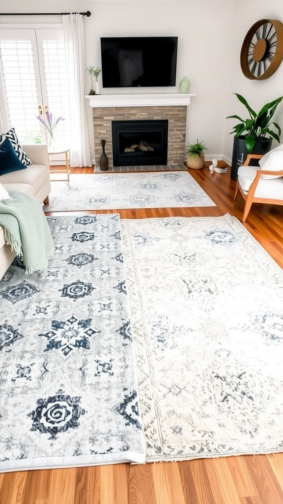 Layered rugs in a cozy living room setting.