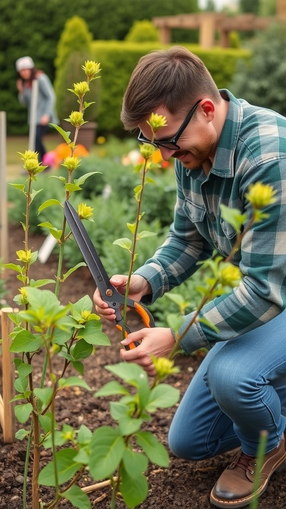 A gardener happily pruning plants in a vibrant garden.