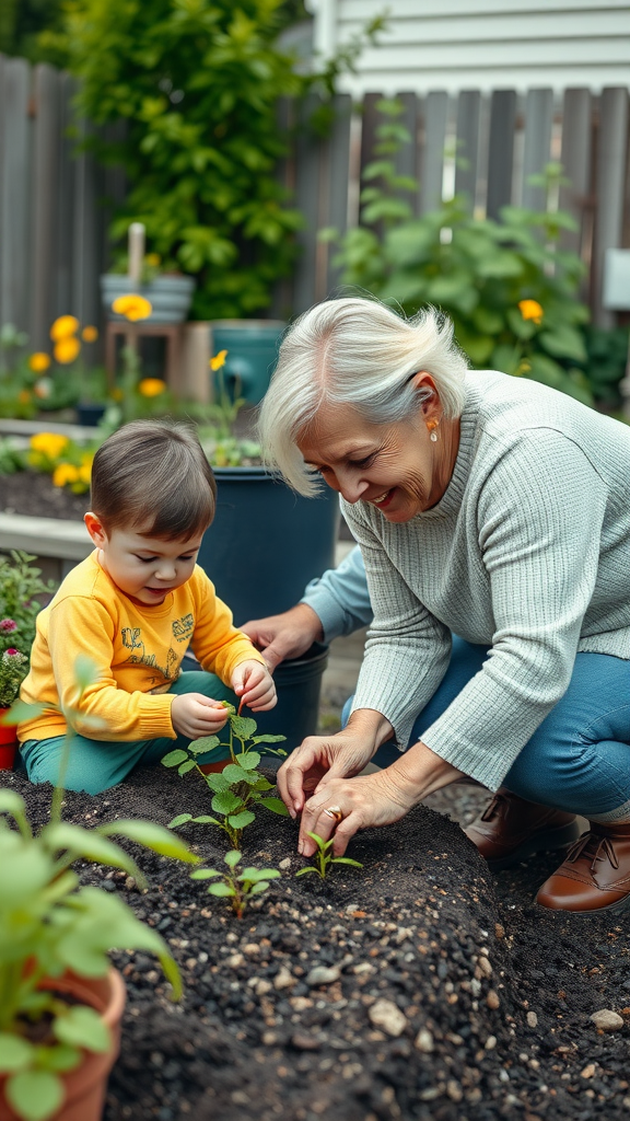 A grandmother and her grandson planting in a garden, sharing a joyful moment.