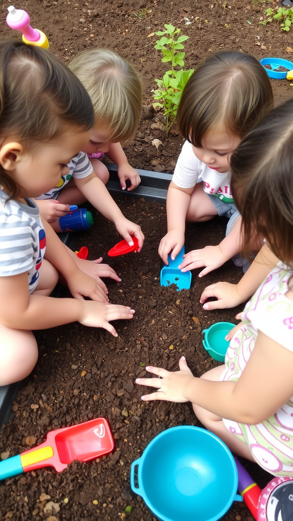 Children digging in a garden with colorful tools