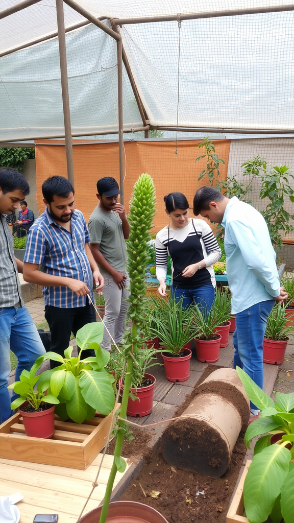 People learning about gardening in a greenhouse, surrounded by potted plants.