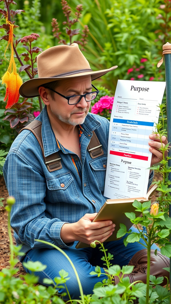 A person studying a gardening plan surrounded by colorful plants in a garden setting.