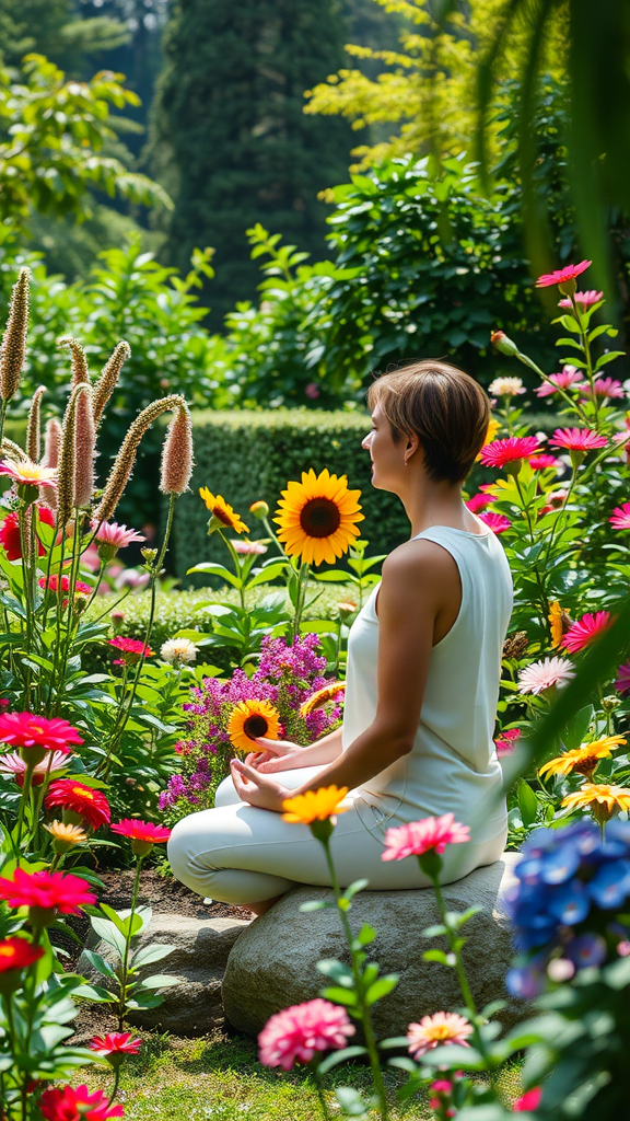 A person meditating in a colorful garden surrounded by various flowers.