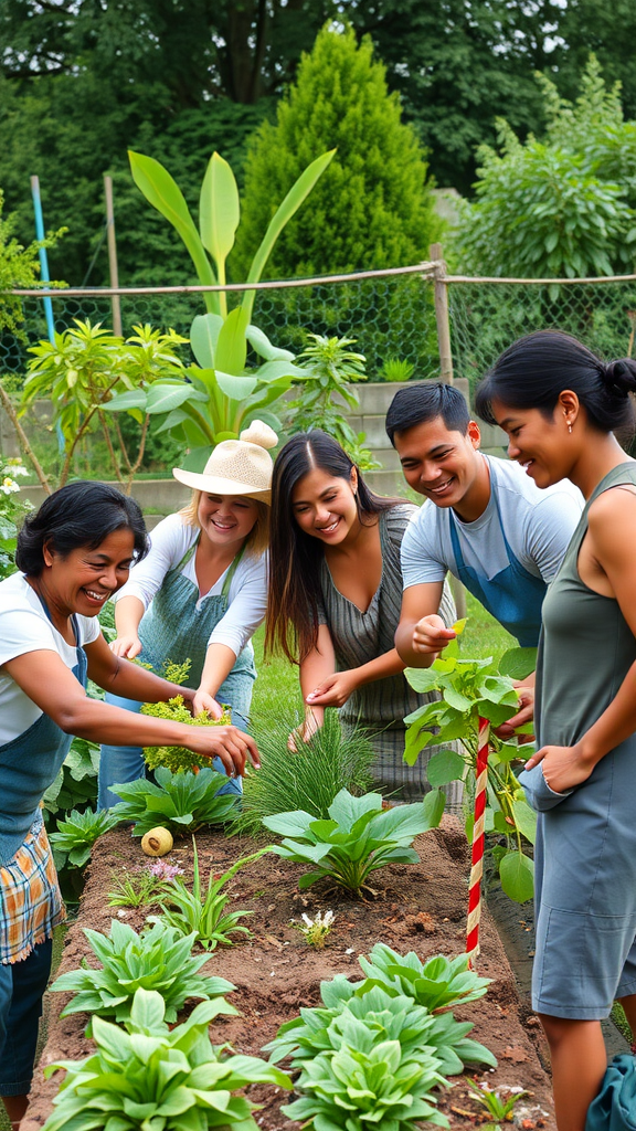 A diverse group of people gardening together, sharing smiles and laughter in a vibrant community garden.