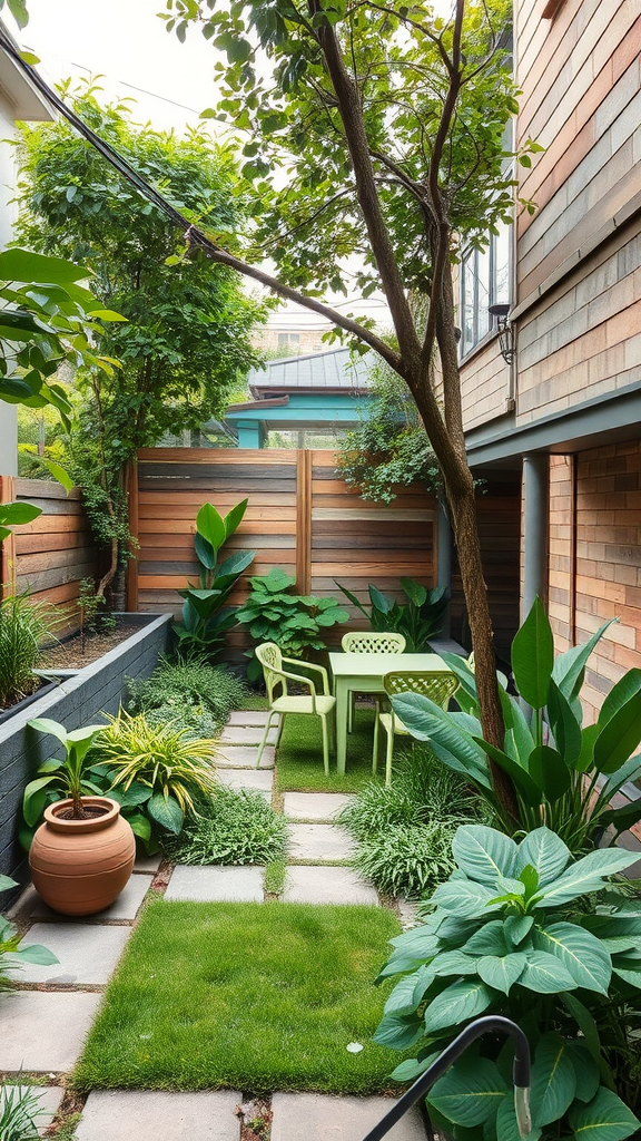 A cozy backyard garden with greenery, a small table, and chairs.