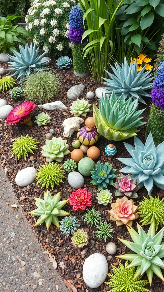 Colorful succulent garden with various plants, stones, and decorative elements.