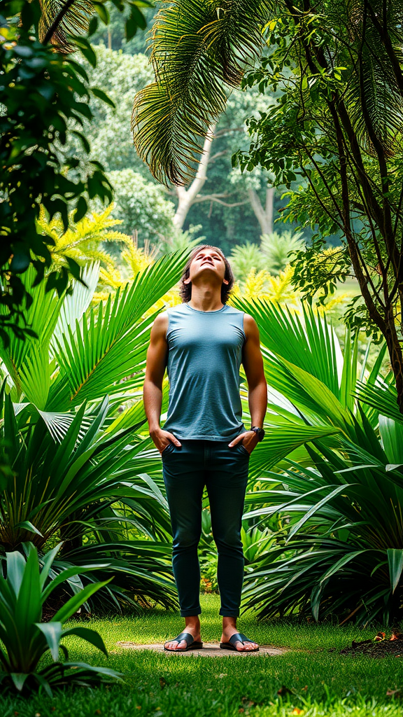 Person enjoying fresh air in a lush garden surrounded by green plants