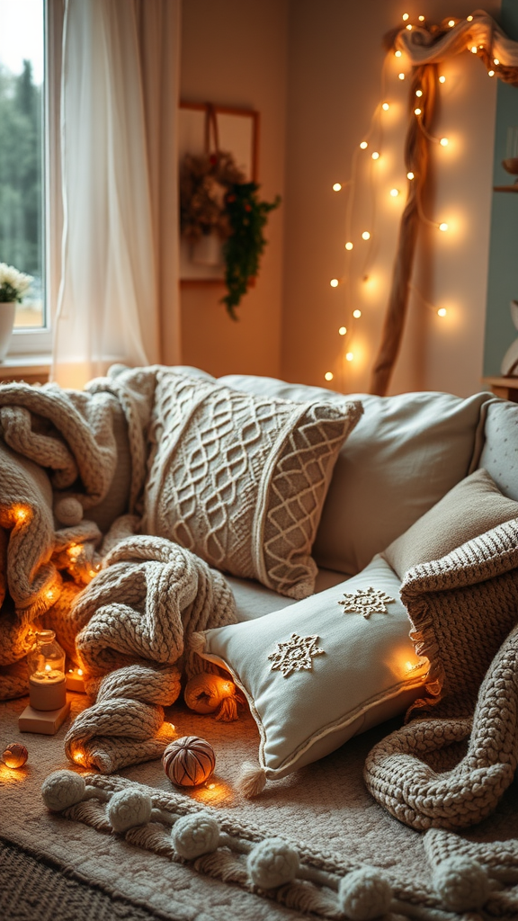 A cozy living room with warm textiles, soft lighting, and decorative pillows.