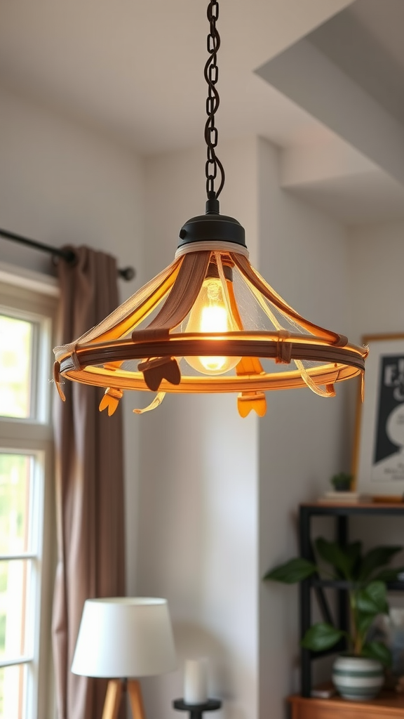 A stylish DIY light fixture with a warm glow, hanging in a cozy room.