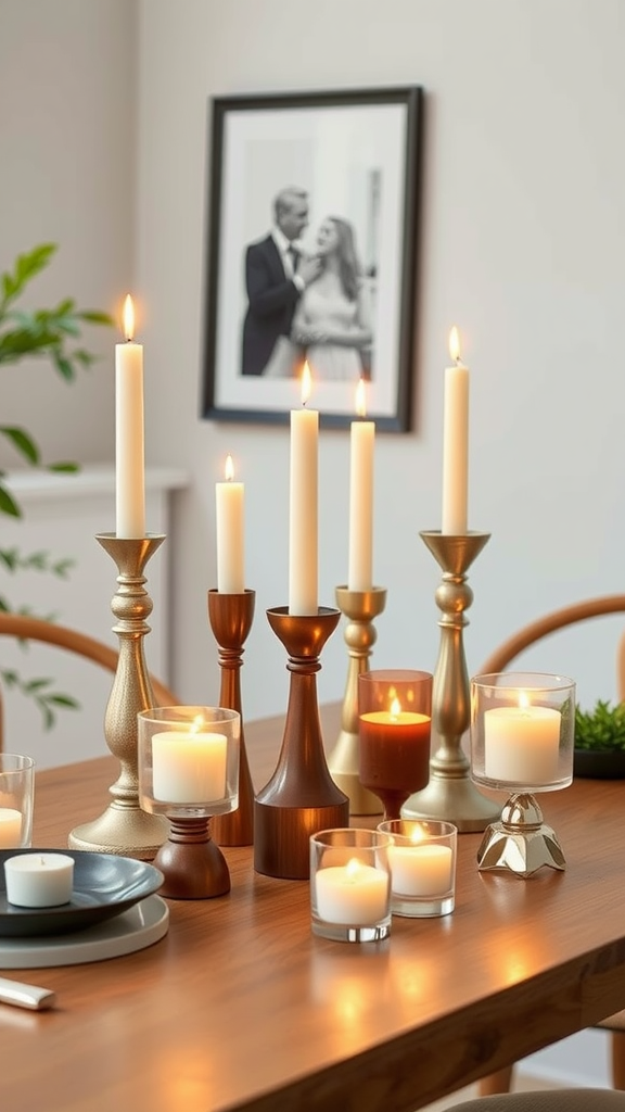 An elegant display of various candle holders on a dining table, featuring tall and short candles in a cozy setting.