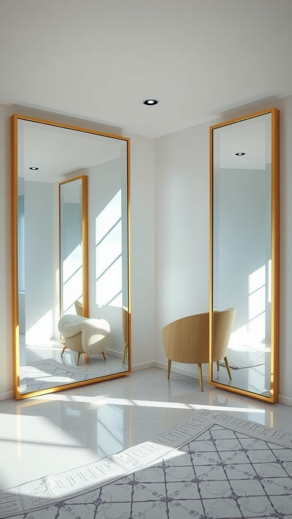 Two large mirrors reflecting light in a stylish room with a cozy chair and a rug.