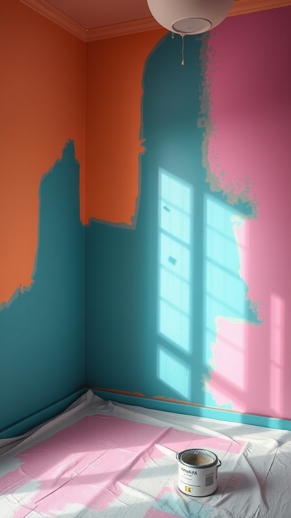 A room with partially painted walls in vibrant colors.