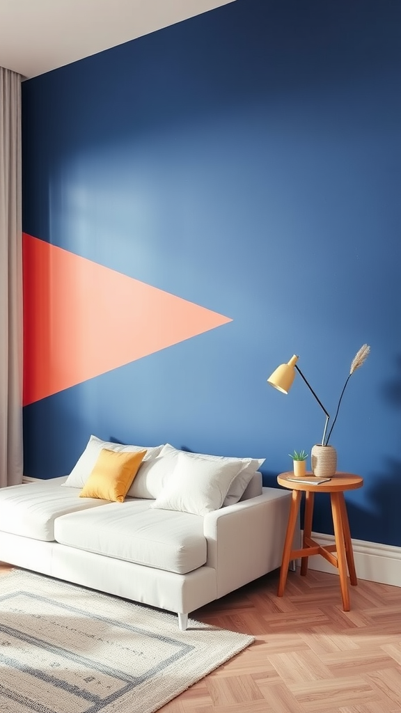 Living room with a blue accent wall and coral triangle design, featuring a white couch and wooden side table.