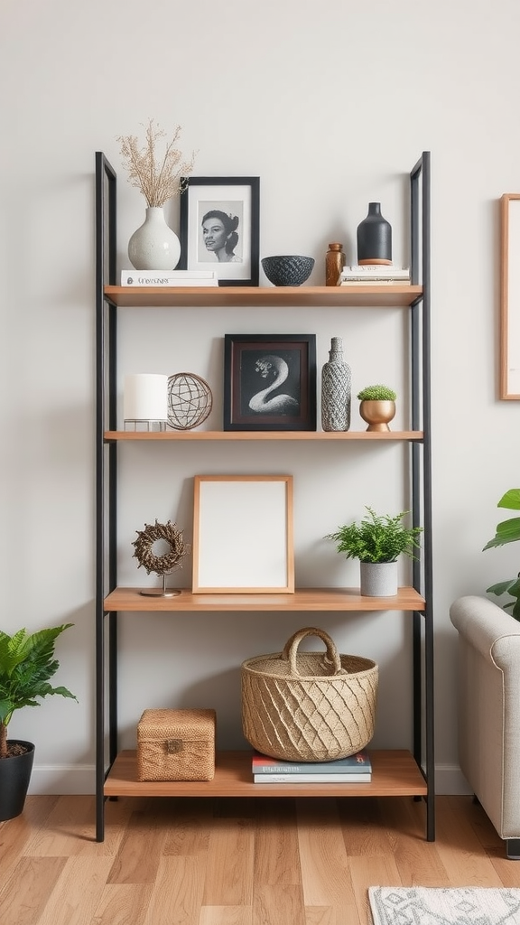 Stylish custom shelving unit with wooden shelves and black metal frame, displaying decor items and plants.