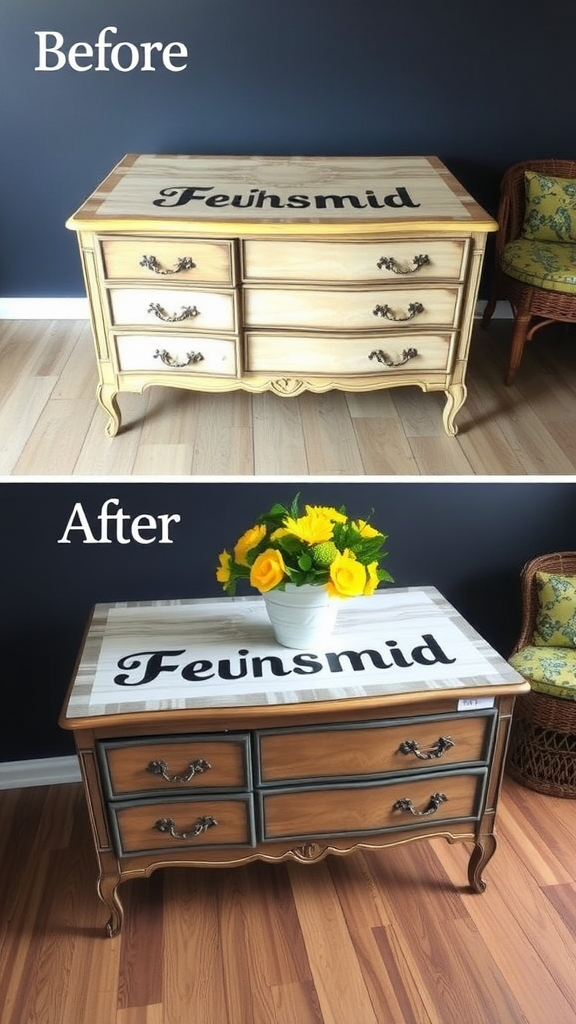 Before and after image of a repurposed dresser