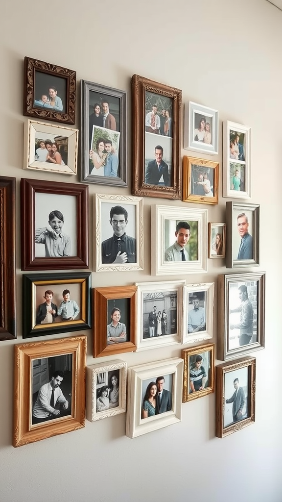 A gallery wall featuring assorted thrifted picture frames with family photos.