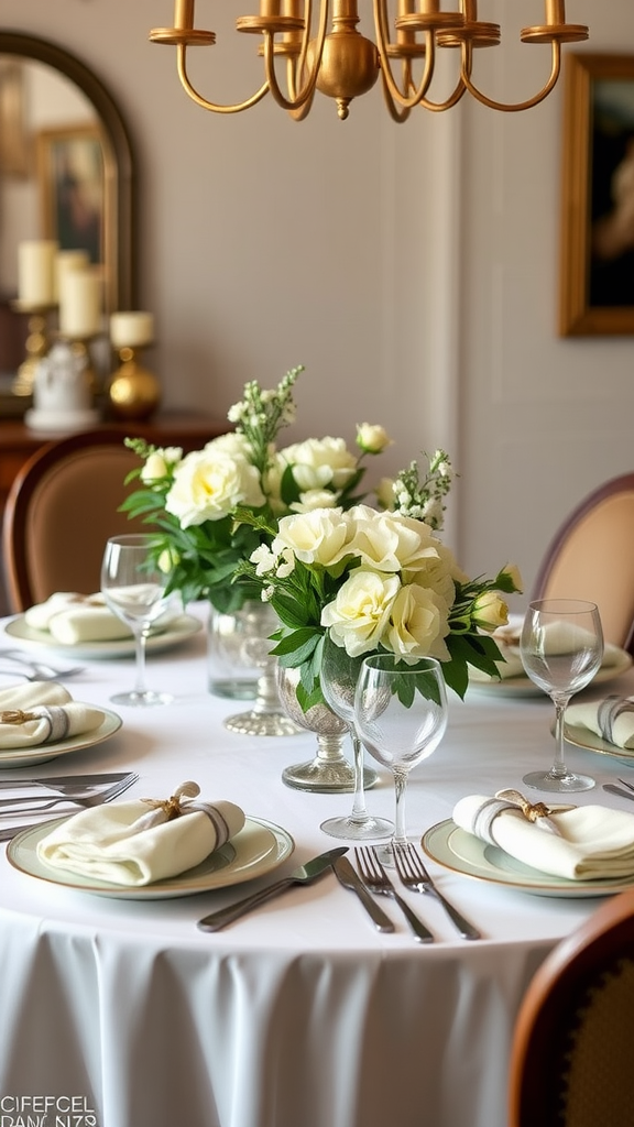 A beautifully set dining table with a floral centerpiece made of white roses and greenery, surrounded by elegant tableware.