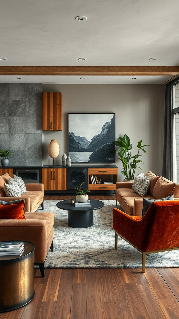 Cozy living room featuring warm wood elements and soft orange furniture, complemented by plants and a stylish rug.