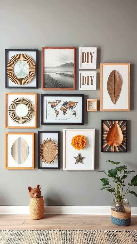 A colorful wall art display featuring different framed artworks and a decorative plant.