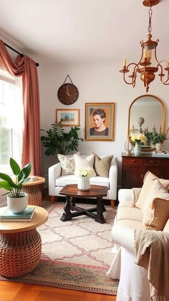 A cozy living room with white furniture, woven side tables, and a mix of vintage decor.