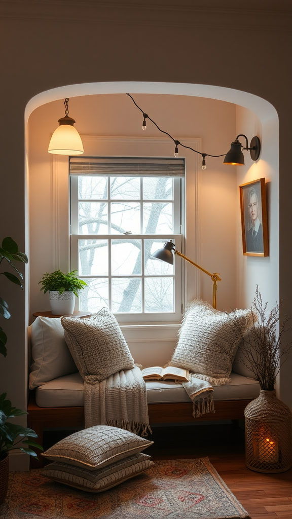 Cozy reading nook with cushions, a window, and warm lighting.