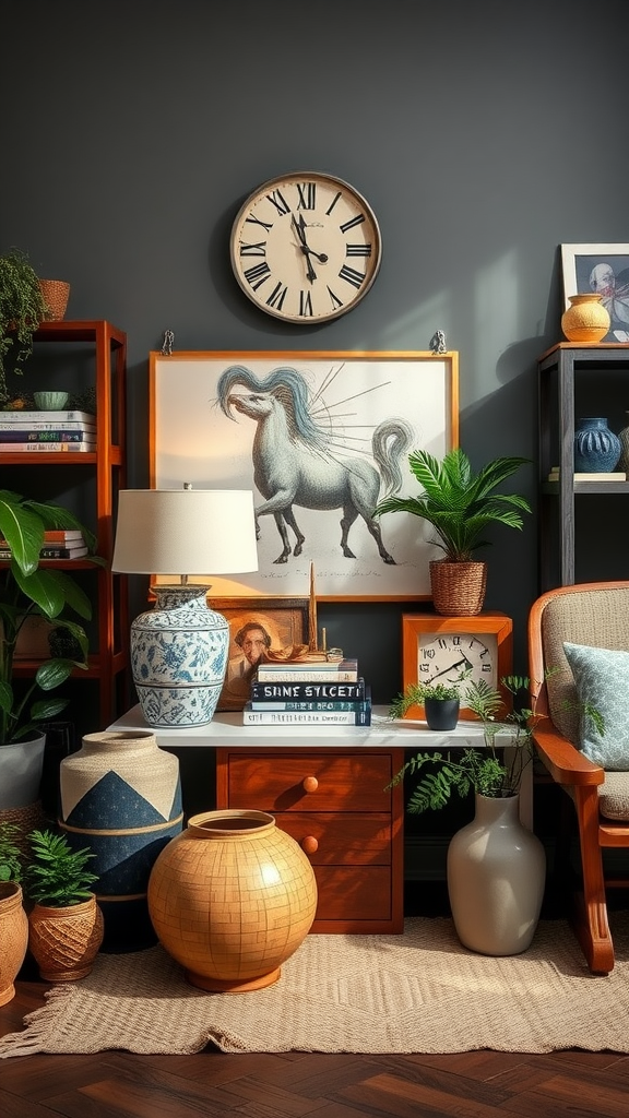 A cozy living room with vintage decor, including a clock, artwork of a horse, various plants, and pottery.