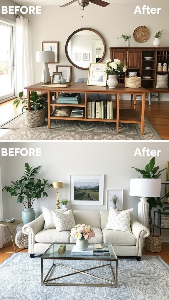 A cozy living room featuring a colorful area rug, a round coffee table, a comfortable couch, and decorative wall art.