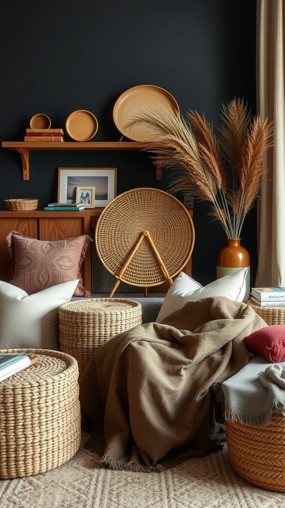 Cozy living room decor featuring woven baskets, textured pillows on a dark wall