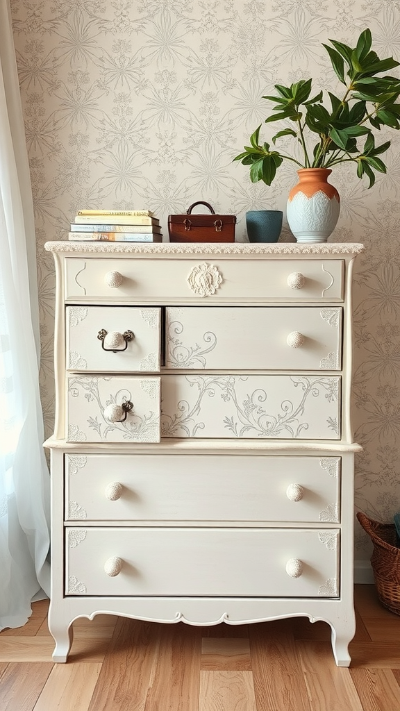 A vintage dresser with a floral design, decorated with books, a small suitcase, and a vase of plants against patterned wallpaper.