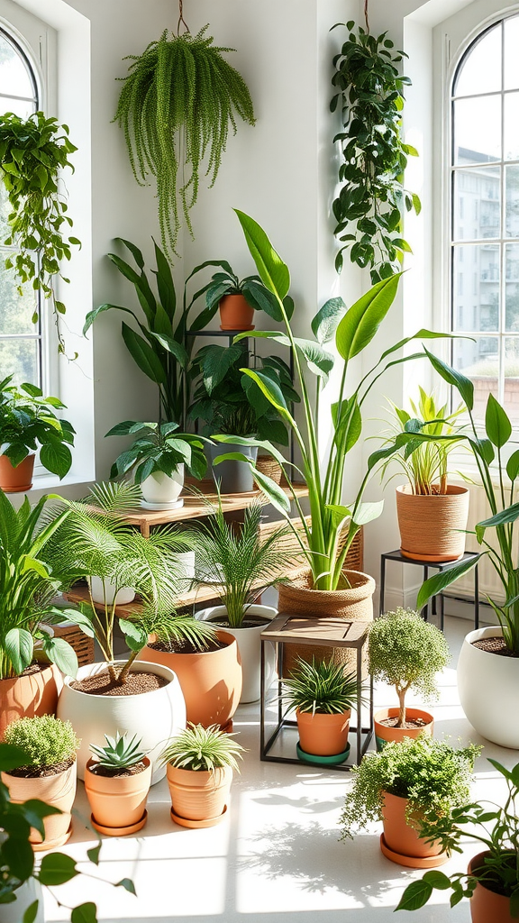 A bright indoor space with various plants in terracotta pots, creating a lively and inviting atmosphere.