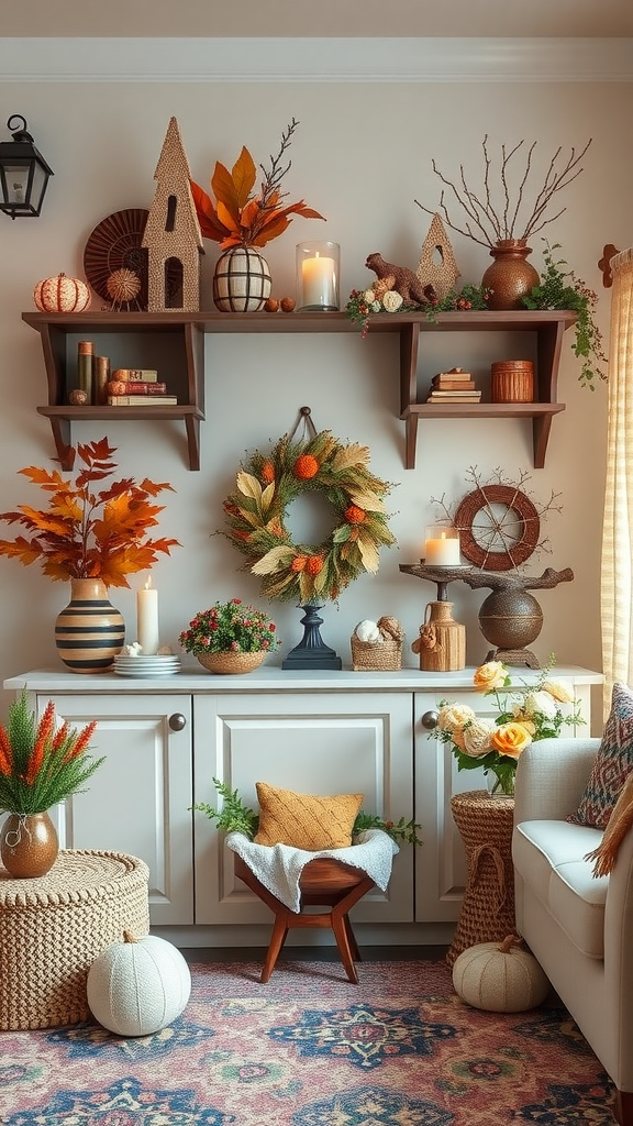 A cozy living room decorated for fall with warm colors, candles, and seasonal items.