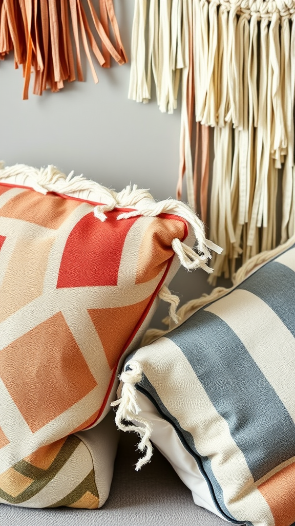 Colorful decorative pillows with patterns and tassels, showcasing fabric remnants.