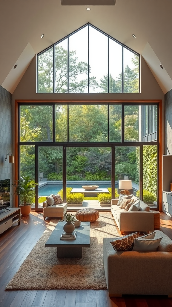 Bright living room with large windows showcasing outdoor greenery.