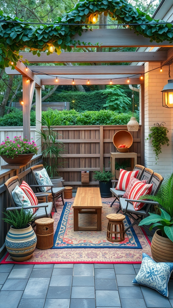 Cozy outdoor seating area with striped cushions, wooden table, potted plants, and string lights.