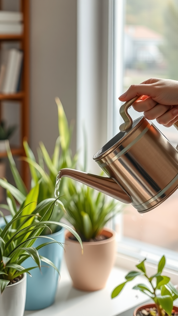 A hand pouring water from a watering can onto indoor plants by a window.