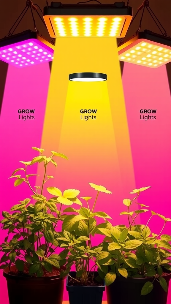 Image showing various grow lights illuminating indoor plants, demonstrating the importance of light for indoor gardening.