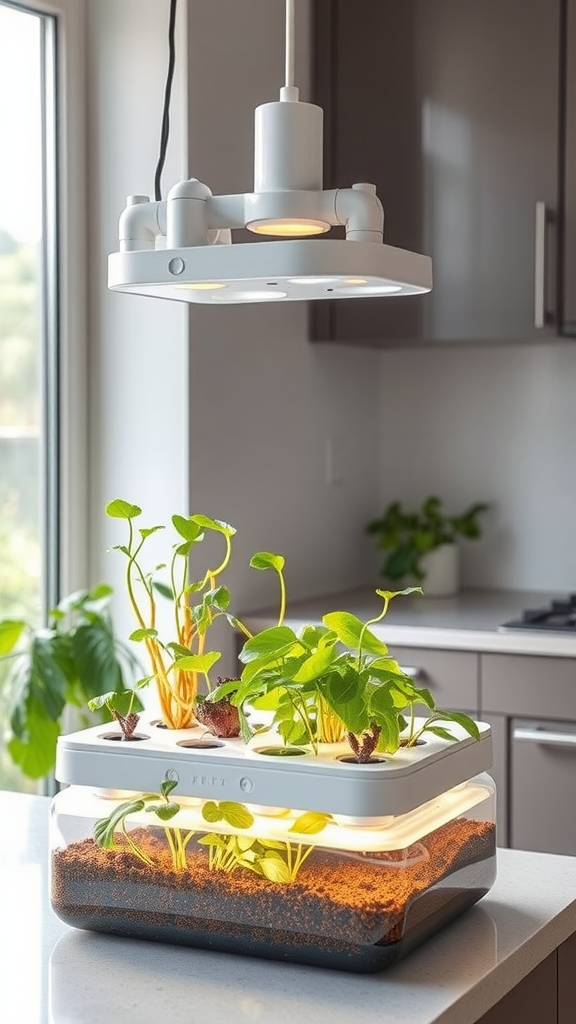 Indoor hydroponic garden with plants and LED light in a modern kitchen