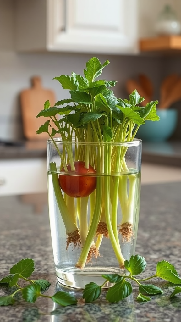 A glass of water with green onions and a tomato, showing a simple method for propagating vegetables indoors.