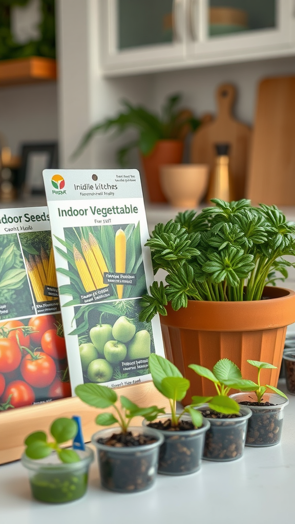 Indoor vegetable gardening setup with seed packets and small plants in containers.