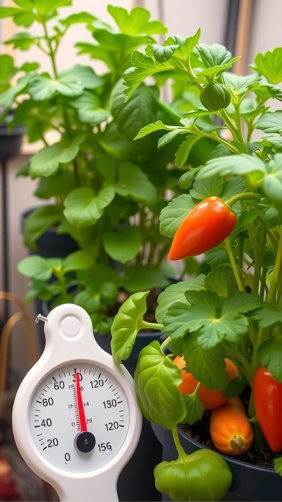 A thermometer placed next to lush green plants in an indoor garden.