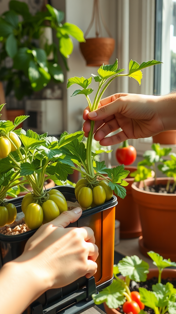 A person gently touching a green tomato plant in a sunny indoor garden setting.