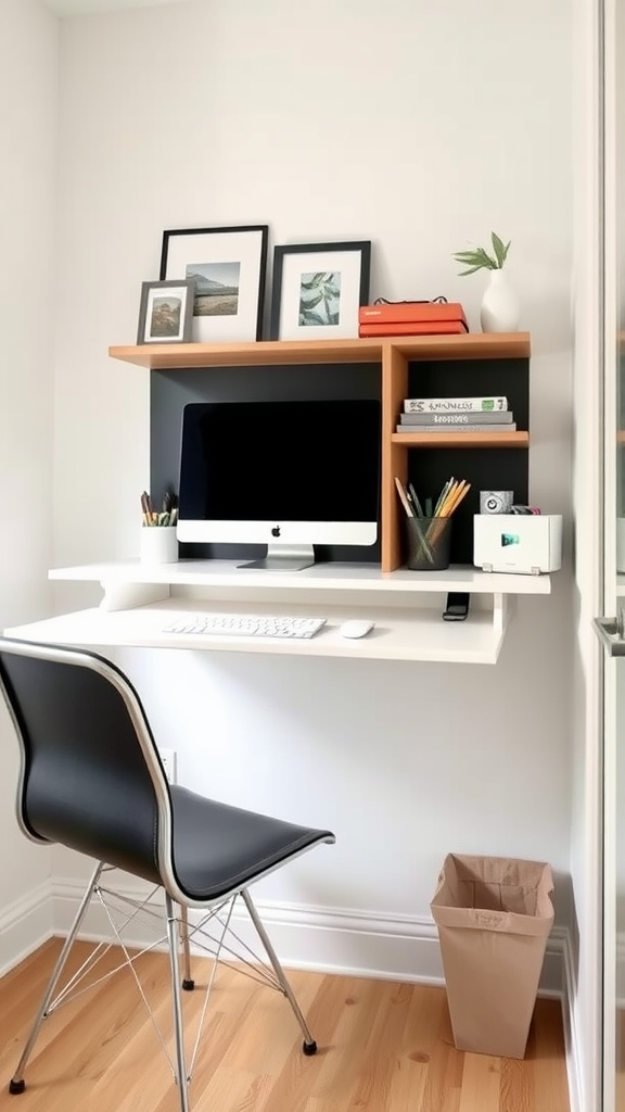 A minimalist floating desk with an iMac, surrounded by simple decor and storage.