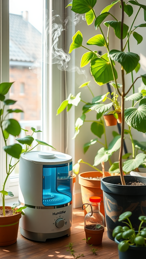 A humidifier placed beside indoor plants, emitting steam to maintain humidity for optimal plant growth.