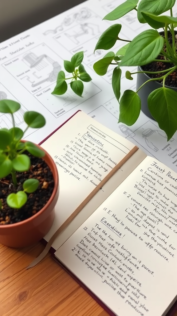 A notebook with gardening notes next to two green plants and a blueprint.