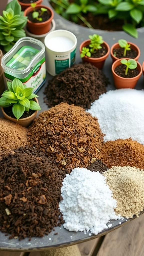 Various soil components arranged for indoor vegetable gardening