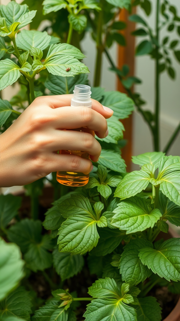 A hand holding a spray bottle over green leaves, indicating organic pest control in a container garden.