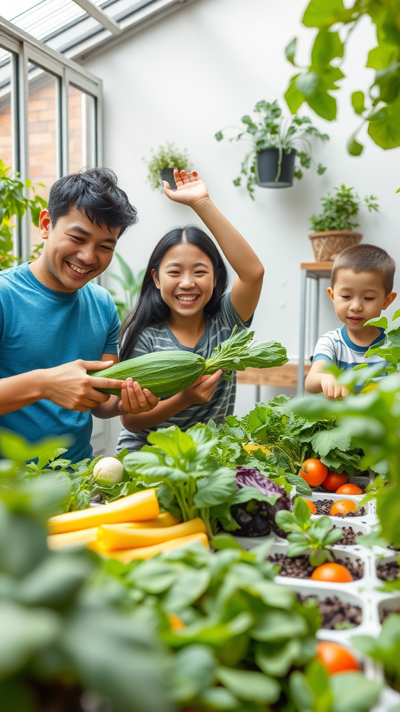 A happy family enjoying their indoor vegetable garden, holding fresh veggies and smiling together.